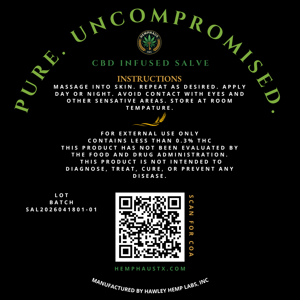 HempHaus salve back label showing instructions and COA QR